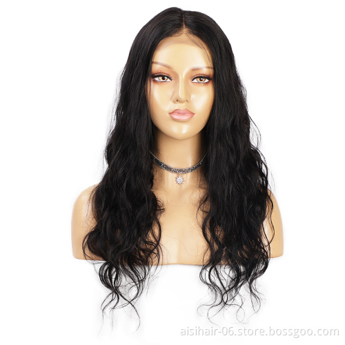 Aisi Hair 20 Inch 4x4 Long Wavy Natural Black Wig Swiss Lace Frontal Wigs Brazilian Human Hair Lace Front Wigs For Black Women